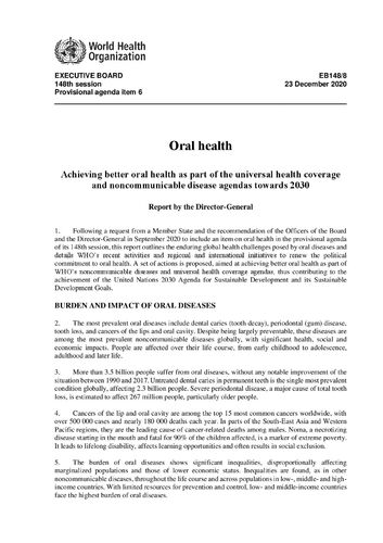 Oral Heatlh WHO 148th Meeting Jan 2021 - Report by Director General