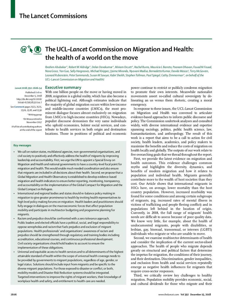 The Lancet Commission on Migration and Health the health of a world on the move Dental Health